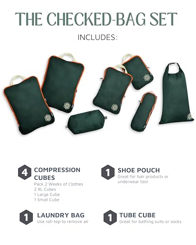 TRIPPED Travel Gear Large Compression Packing Cubes 7-Piece Set for Travel - color: Green/Orange