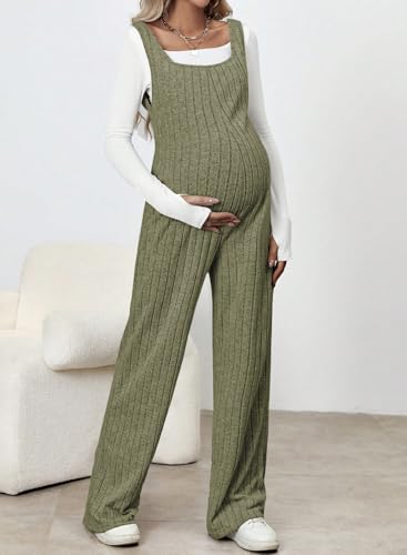 BLENCOT Maternity Jumpsuit Sleeveless Square Neck Wide Leg Pants Romper - color: Army Green, size: Medium