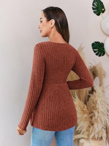 FMEYOA Women's Maternity Shirts Long Sleeve Pregnancy Tops - color: Brick Red, size: Medium