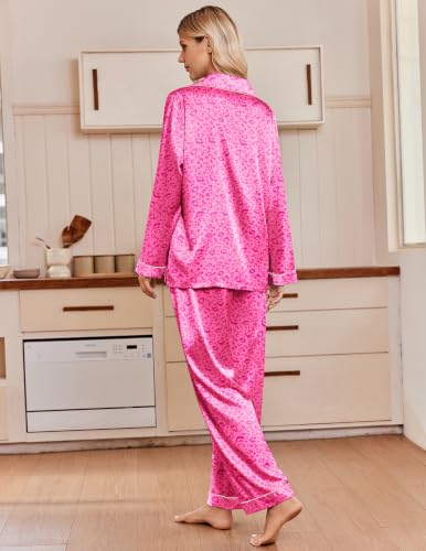 Ekouaer Silk Satin Pajamas for Womens Button Up Long Sleeve Pjs Lounge Set - color: Hot Pink Cheetah, size: Medium