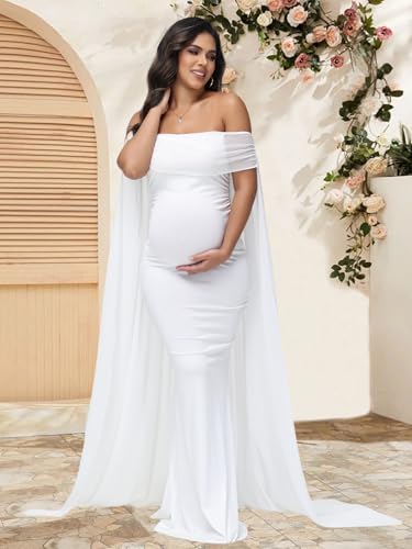 Maternity Mesh Off Shoulder Chiffon Cloak Maxi Photoshoot Dress - color: White, size: Small