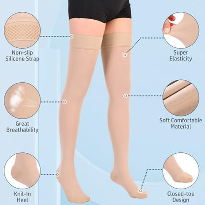 Athbavib 20-30 mmHg Thigh High Compression Stockings for Women Men - color: Closed Toe-Beige, size: Small