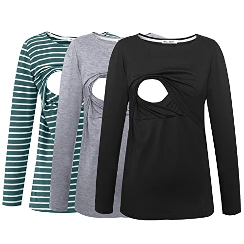 Smallshow Women's Maternity Nursing Tops Comfy Long Sleeve Breastfeeding T-Shirt - color: Black/Light Grey/Deep Green Stripe(cotton), size: Large