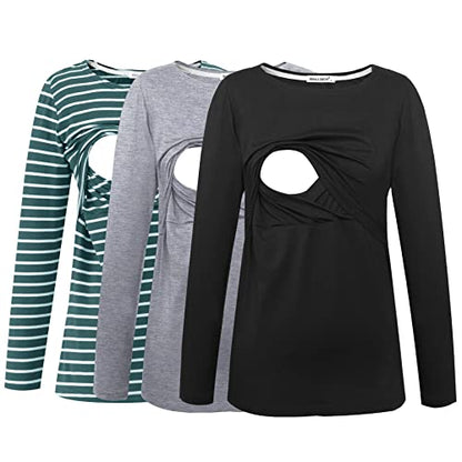 Smallshow Women's Maternity Nursing Tops Comfy Long Sleeve Breastfeeding T-Shirt - color: Black/Light Grey/Deep Green Stripe(cotton), size: Large