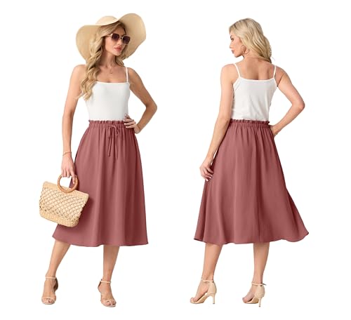 FREEOAK High Waist Skirts for Women Below Knee Casual Flowy Summer Midi Skirts Palazzo A-Line Long Skirt with Pockets - color: A - Brick Red, size: 3X-Large