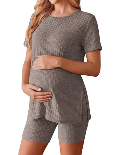 Ekouaer Women's Maternity 2 Piece Sets Short Sleeve Shirts and Biker Shorts - color: Brown, size: Medium