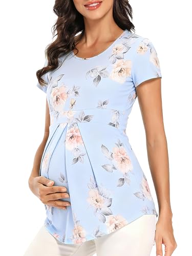 Glampunch Maternity Tops, Front Pleat Peplum Tunic Top Pregnancy Shirts - color: A7 Flower80, size: Small
