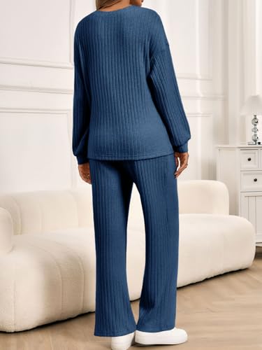 Yousify Womens Maternity Pajamas Sets 2 Piece Outfits Ribbed Knit Lounge Set - color: Navy, size: Medium