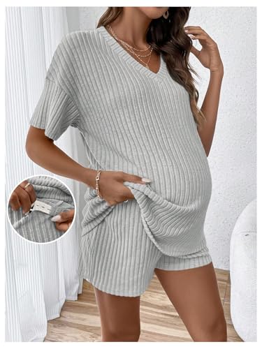 MakeMeChic Women's Maternity 2 Piece Sets Ribbed Shirt and Biker Shorts - color: Light Grey, size: X-Small