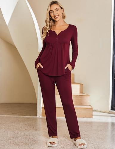 Ekouaer Maternity Nursing Pajama Set Long Sleeve Postpartum Pjs Mom Clothes - color: Wine Red, size: Large
