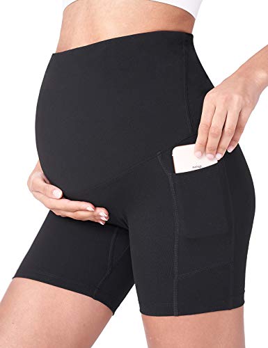 POSHDIVAH Maternity Biker Shorts Over the Belly with Pockets 5"/8" - color: Black, size: Large