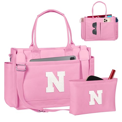 Birthday Gifts for Women, Initial Tote Bag with Makeup Bag - color: Pink, style: N