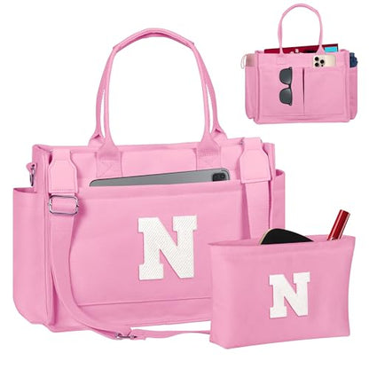 Birthday Gifts for Women, Initial Tote Bag with Makeup Bag - color: Pink, style: N