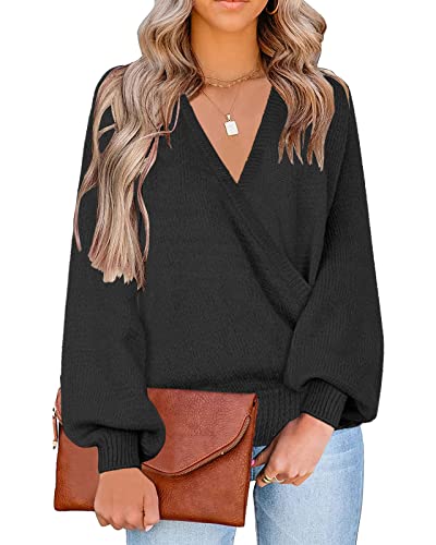 LookbookStore Women's Knit Long Sleeve Faux Wrap Surplice V Neck Sweater Top - color: Black, size: Small