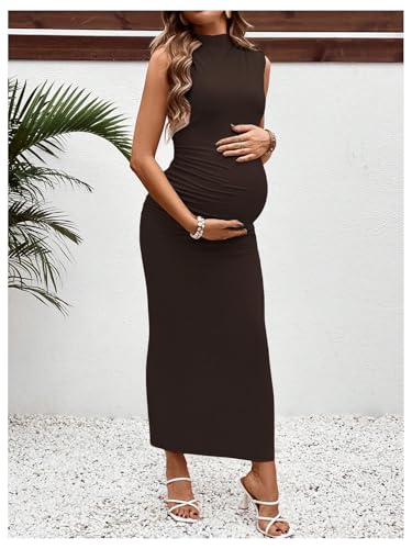 OYOANGLE Women's Maternity Mock Neck Sleeveless Ruched Bodycon Maxi Dress - color: Deep Brown, size: Small
