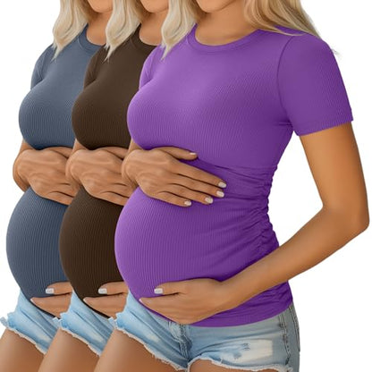 Ficerd 3 Pack Women's Short Sleeve Maternity Shirts - color: Haze Blue, Coffee, Purple, size: XX-Large