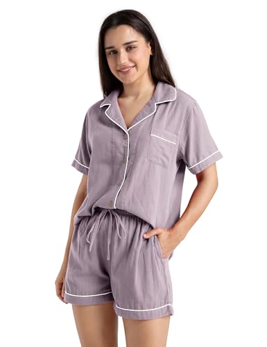 Womens Muslin Pajama Sets 100% Cotton Double Gauze Linen Like Short Pjs - color: Purple, size: Medium