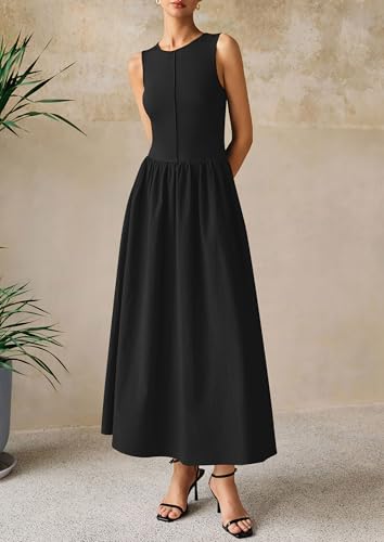 PRETTYGARDEN Pleated Maxi Dresses for Women with Pockets - color: Black, size: Medium