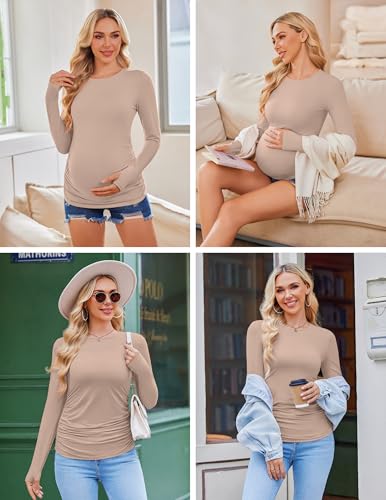 Ekouaer Womens 3 Pack Long Sleeve Maternity Shirts Thumb Hole Tops - color: 3pcs Black / Khaki / White, size: Small