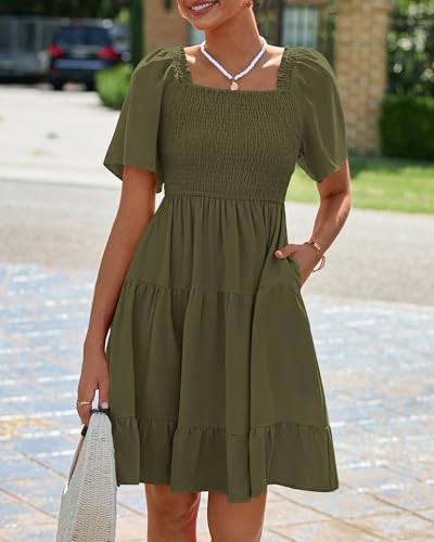 BTFBM Women's Summer Smocked Mini Dress 2026 - color: Army Green, size: Medium