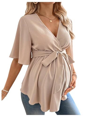 MakeMeChic Women's Maternity Nursing Blouse Wrap Belted Pregnancy Shirt - color: Apricot, size: Medium