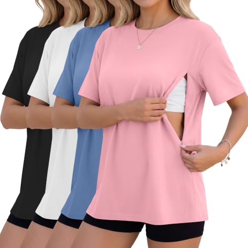 4 Pack Nursing Breastfeeding Shirts - color: Pink, Sky Blue, White, Black, size: Medium