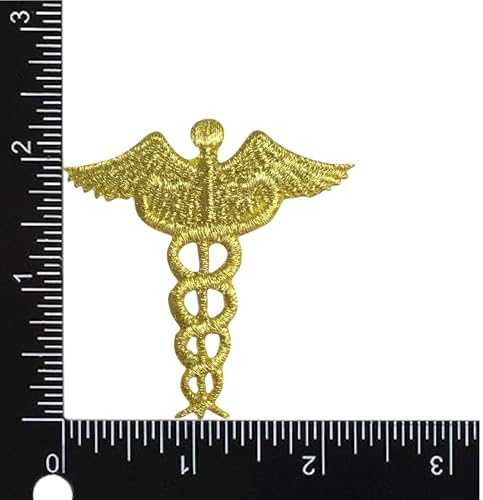 Gold - Caduceus - Medical Nursing - Embroidered Iron on Patch