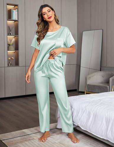 Ekouaer Pajamas for Women Set Silky Satin 2 Piece Lounge Sets with Pockets - color: Aqua Green, size: Medium