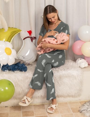 SUNNYBUY 3 PCS Maternity Nursing Sleepwear Set with Nightgown, Top & Pants - color: Grey Feathers, size: Large