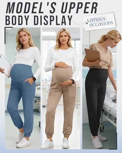 3 Pack Maternity Scrub Cargo Jogger Pants - color: Black, Haze Blue, Khaki, size: XX-Large