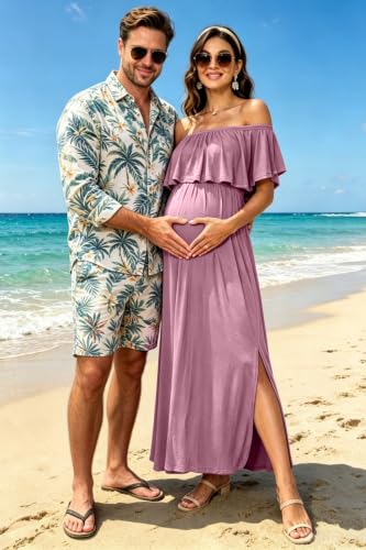 Off Shoulder Ruffle Sleeve Maternity Maxi Dress Side Slit - color: Mauve, size: Small