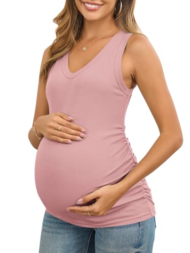 FMEYOA Maternity Tank Tops V Neck Ribbed Knit Sleeveless Maternity Shirts - color: Light Pink, size: Small