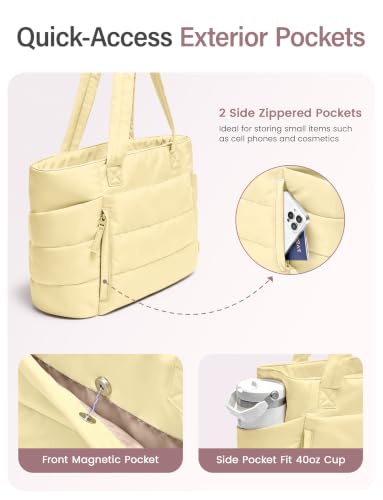 Uselike Tote Bag for Women with Zipper, Quilted Puffer Tote Bag with Compartments, Lightweight Puffy Work Bags for Women - color: Clear Yellow