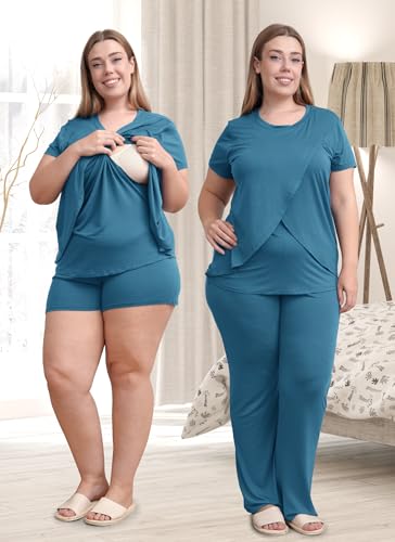 Rnxrbb 3 Piece Postpartum Nursing Pajamas Set Maternity Breastfeeding Pjs - color: Deep Blue, size: Small