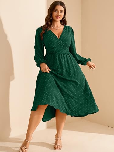 RWJ Women's Plus Size Fall Wedding Guest Dress V Neck Swiss Dot Long Sleeve - color: Emerald Green, size: X-Large Plus