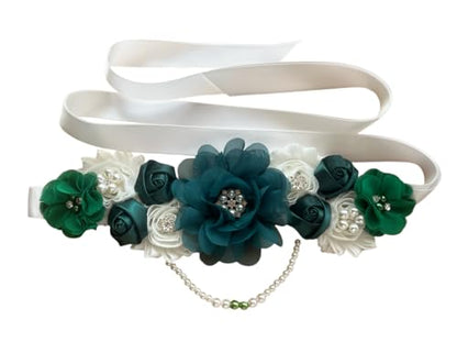 Handmade Baby Shower Sash Pearls Maternity Sash Flower Belt - color: Hunter