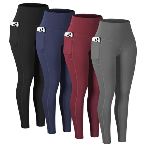 Diravo 5 Pack Workout Leggings for Women with Pockets - High Waisted Yoga Pants Women Tummy Control Gym Athletics Clothes - color: 4 Packs - 1 Black, 1 Dark Gray, 1 Wine Red, 1 Dark Blue, size: Large