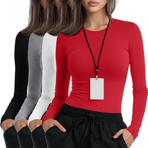 Xaatren 4 Pack Women's Underscrub Long Sleeve Nurse Shirts - color: Black, Red, Light Mixed Gray, White, size: X-Large