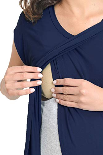 HELLO MIZ Color Block Asymmetrical Breastfeeing Maternity Nursing Dress - color: Navy/Grey, size: Small