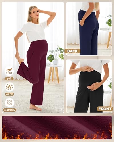 Oakgarden 3 Pack Women's Fleece Maternity Pants - color: Fuchsia, Navy Blue, Black, size: Medium