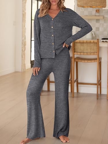 ANRABESS Womens Lounge Set 2 Piece Pajama Sets Ribbed Knit Matching Set - color: Deep Grey, size: Small