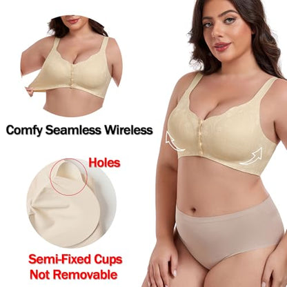 IWOLLENCE Womens Front Snap Closure Daisy Bras Soft Seamless Wireless Lace Bralettes Comfort Full Coverage Bra - color: Apricot, size: XX-Large
