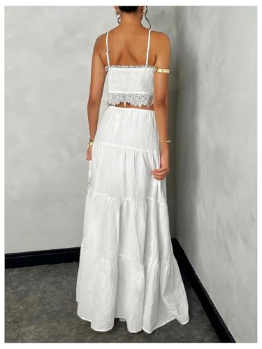 Floerns Women's 2 Piece Outfit Tie Front Camisole Top Tiered Maxi Skirt Set - color: White, size: 3X-Large