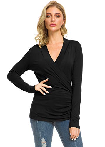 Afibi Womens Slim Fitted Deep V Neck Cross Wrap Top Long Sleeve T-Shirts - color: Black, size: Medium