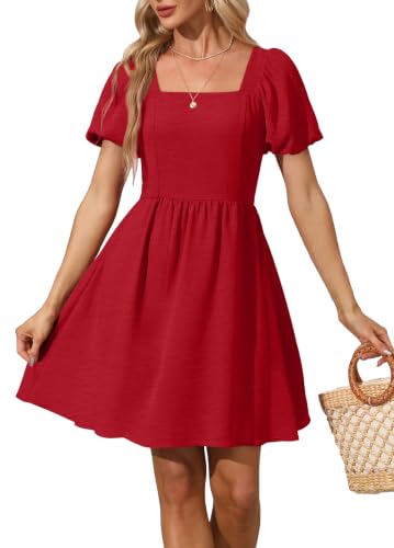 OFEEFAN Women Puff Sleeve Square Neck Tie in Back Dresses with Zipper - color: Red, size: Small