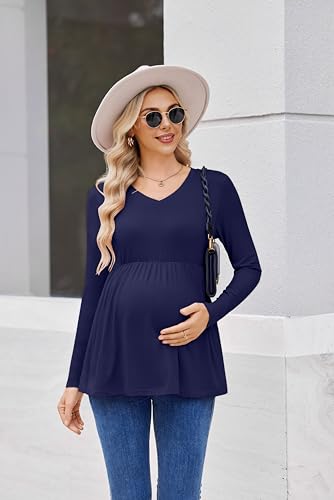 Ekouaer Maternity Shirts for Women Long Sleeve V Neck Fall Tops Clothes - color: Navy Blue, size: Large