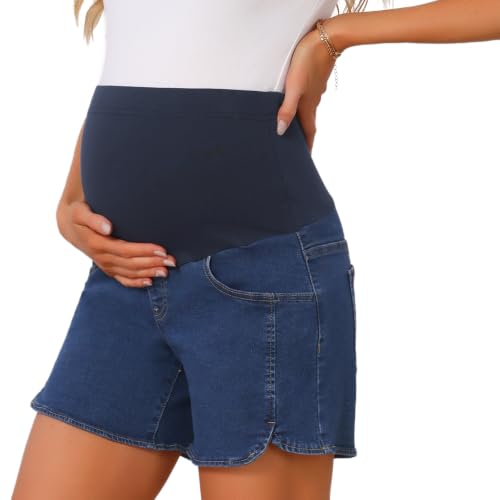 Maternity Jeans Shorts Stretchy Over Belly with Pockets - color: Dark Blue, size: Small