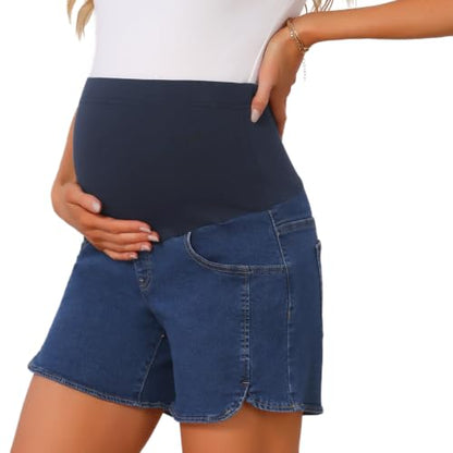 Maternity Jeans Shorts Stretchy Over Belly with Pockets - color: Dark Blue, size: XX-Large