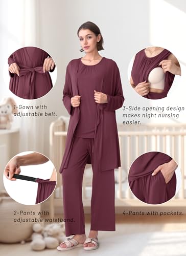 Rnxrbb 3 PCS Nursing Pajamas Robe Set Maternity Postpartum Pjs for Hospital - color: Deep Purple, size: Small