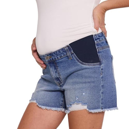 Motherhood Maternity Women's Under the Belly Cutoff Denim Pregnancy Shorts with Side Elastic Panel Insets - color: Beth Medium Wash, size: X-Large